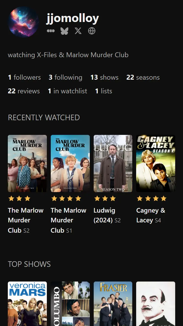 Telly profile screenshot showing recently watched and top 4 shows